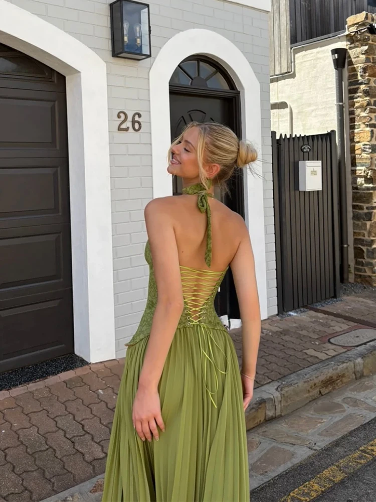 Green Corset Halter Long Dress Women Backless Off Shoulder Pleated Patchwork Slim Maxi Dress 2026 Summer Lady Party Evening Gown thumbnail 2