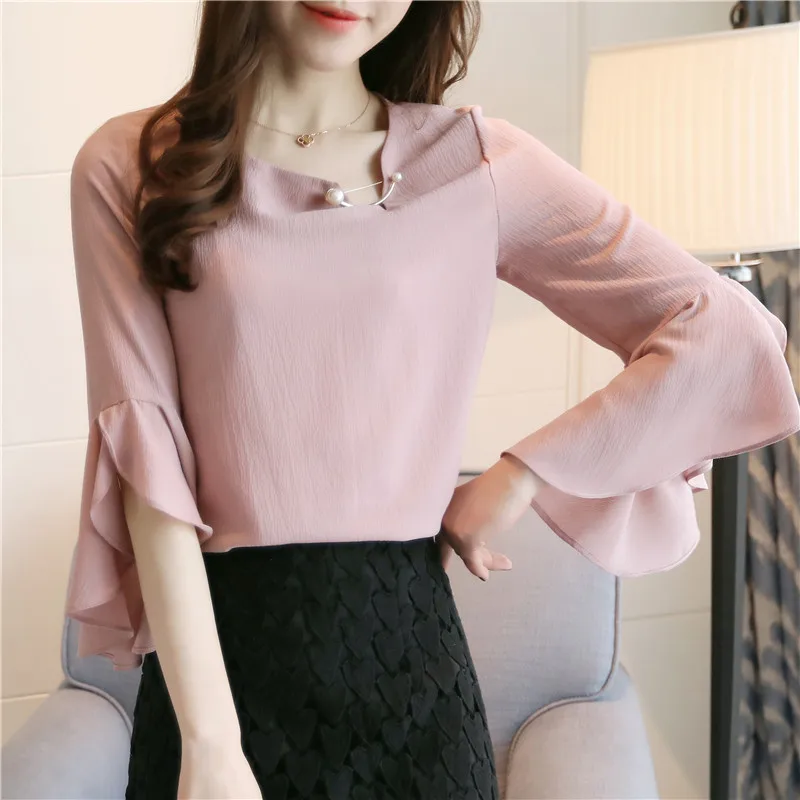 Seven-point Female Ruffled Sleeved Loose Shirt Chiffon Blouses
