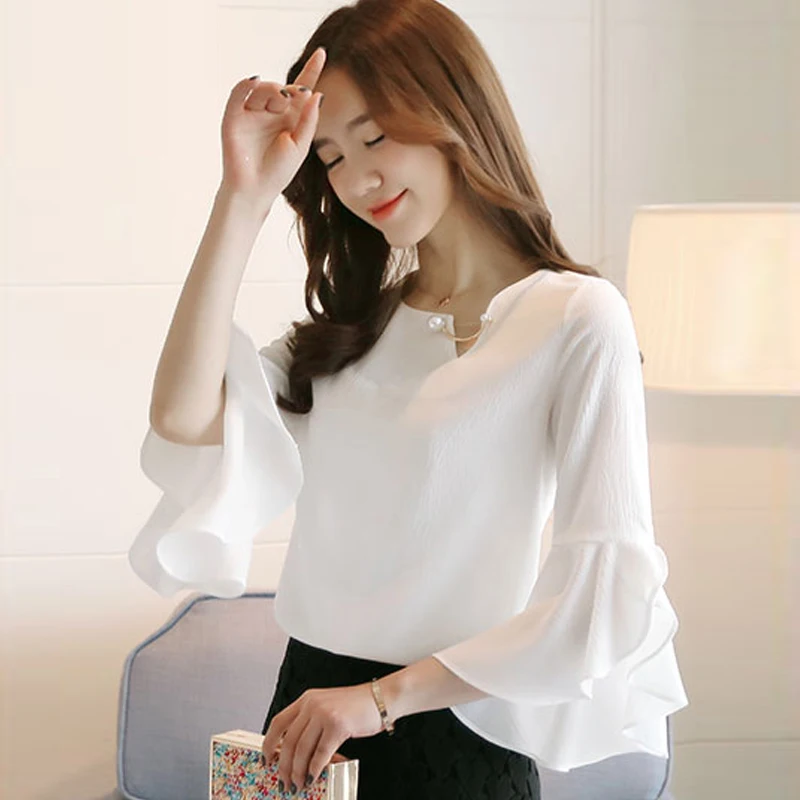 Seven-point Female Ruffled Sleeved Loose Shirt Chiffon Blouses thumbnail 6