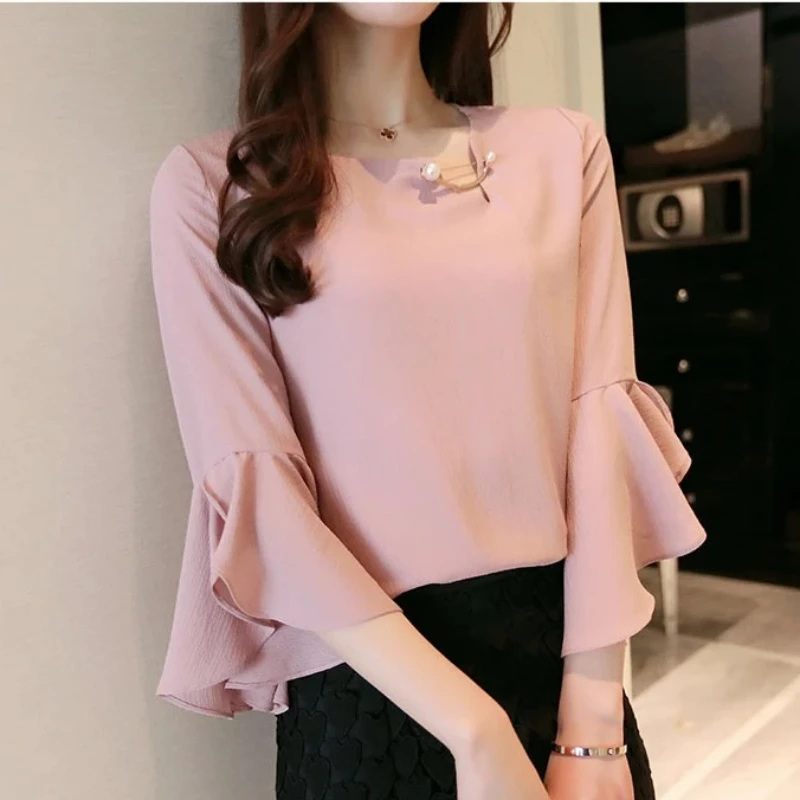 Seven-point Female Ruffled Sleeved Loose Shirt Chiffon Blouses thumbnail 3