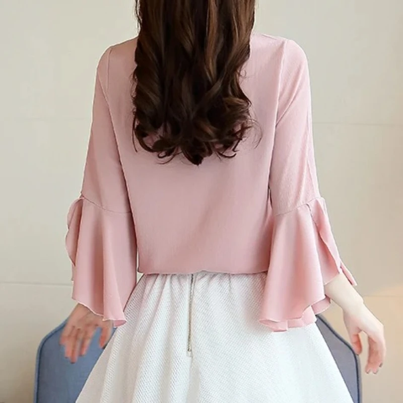 Seven-point Female Ruffled Sleeved Loose Shirt Chiffon Blouses thumbnail 2