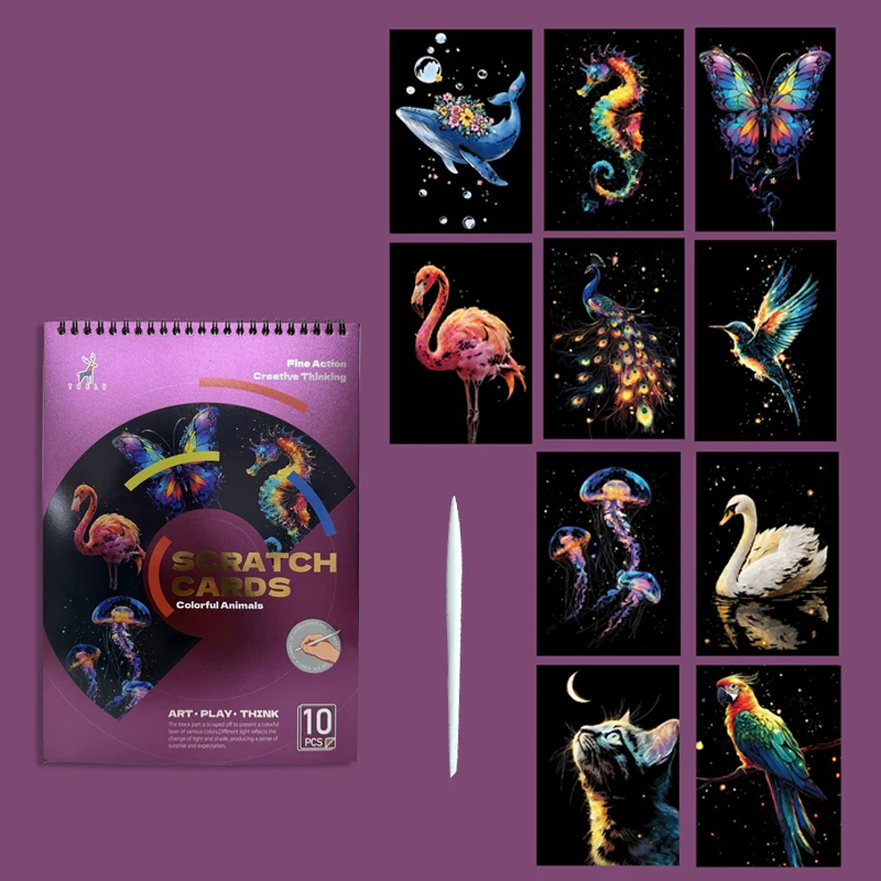 Scratch Art Book 10 Sheets with Stylus Magic Painting Toy Ocean Animal Whale Lion Cat Craft Stress Relief Drawing Kid Adult Gift thumbnail 5