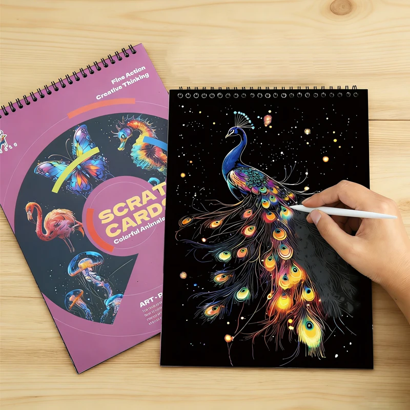 Scratch Art Book 10 Sheets with Stylus Magic Painting Toy Ocean Animal Whale Lion Cat Craft Stress Relief Drawing Kid Adult Gift
