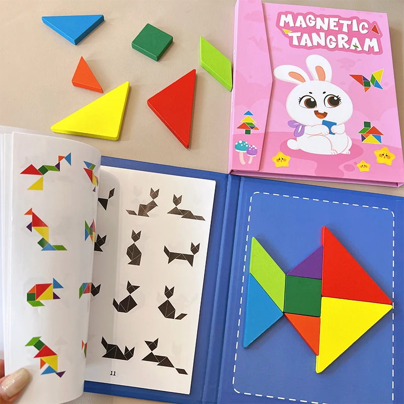 Wooden Jigsaw Magnetic Tangram 3D Puzzle Book Educational Toys For Children Montessori learning  Intelligence Games kids Gifts thumbnail 2