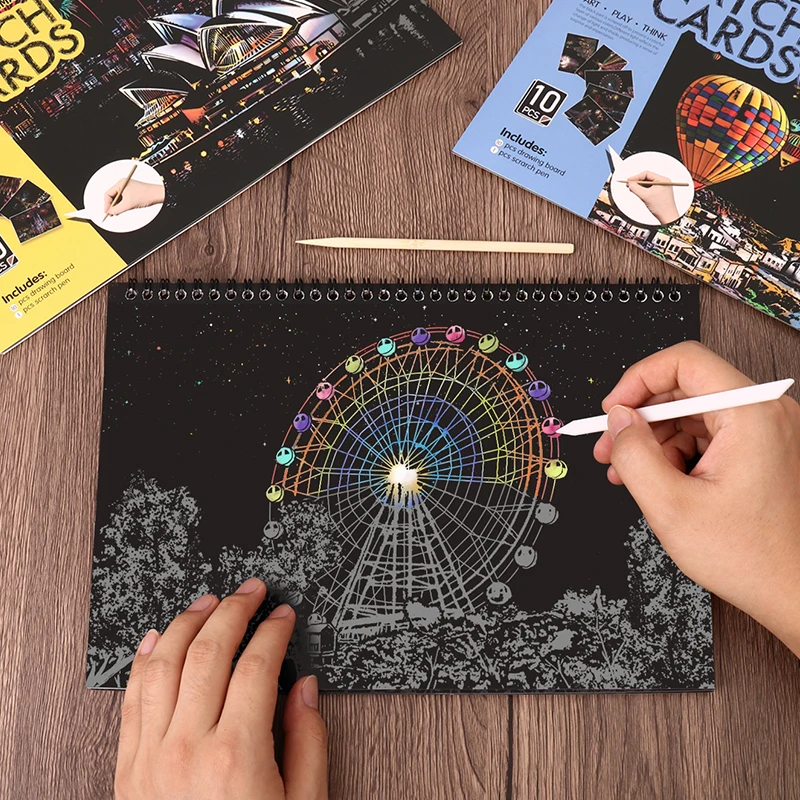 Magic Scratch Art Book with Stylus 10 Sheets World Landmarks Night City Painting Toy Stress Relief Craft Drawing Adult Kids Gift thumbnail 4