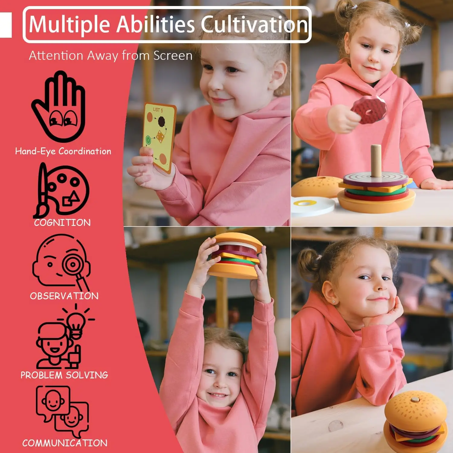 Burger Sandwich Montessori Toys Wooden Stacking for Kids Kitchen Food Preschool Learning Educational Toys Fine Motor Skills Gift thumbnail 5