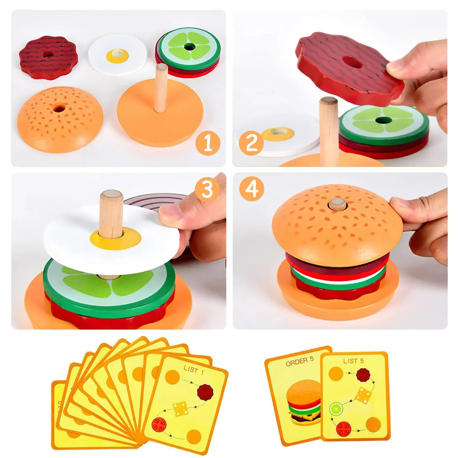 Burger Sandwich Montessori Toys Wooden Stacking for Kids Kitchen Food Preschool Learning Educational Toys Fine Motor Skills Gift thumbnail 3