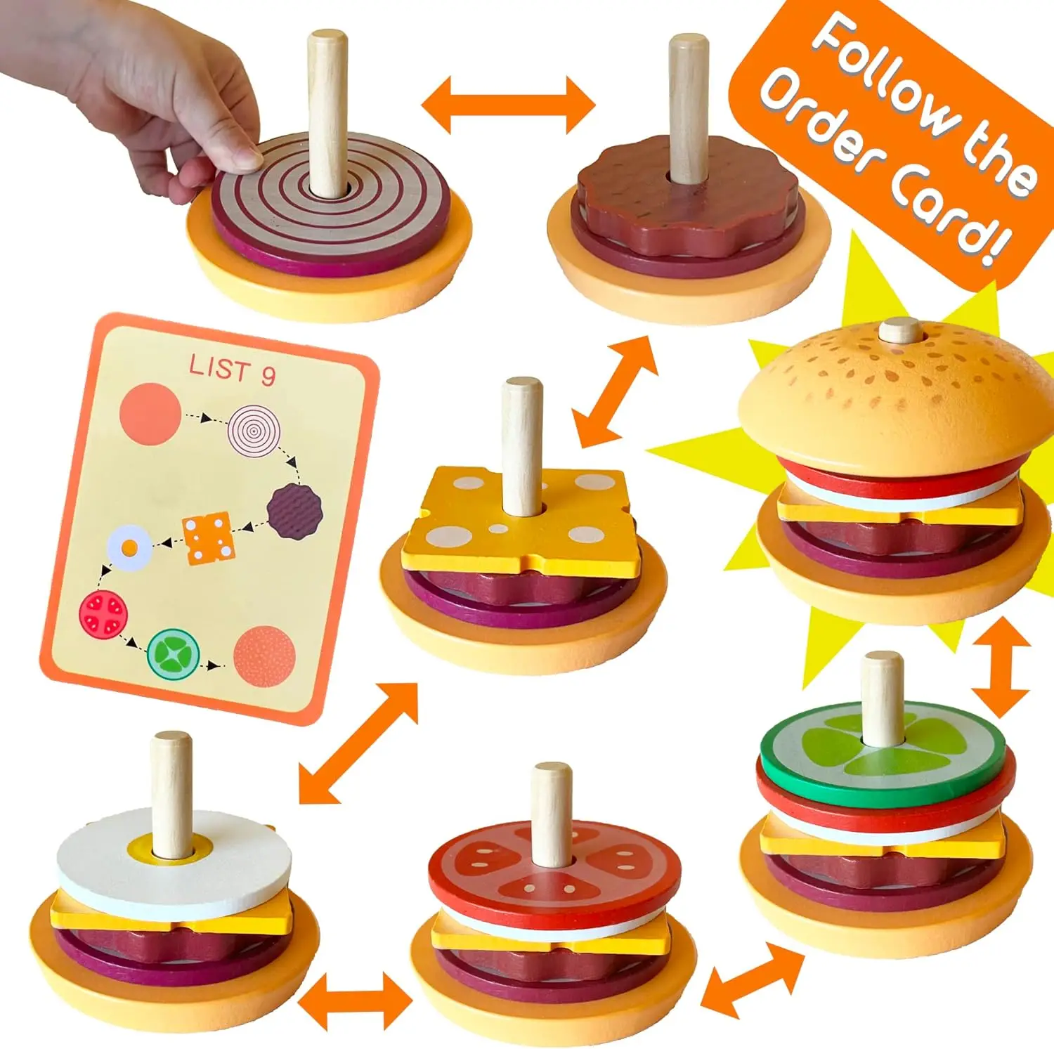 Burger Sandwich Montessori Toys Wooden Stacking for Kids Kitchen Food Preschool Learning Educational Toys Fine Motor Skills Gift thumbnail 4