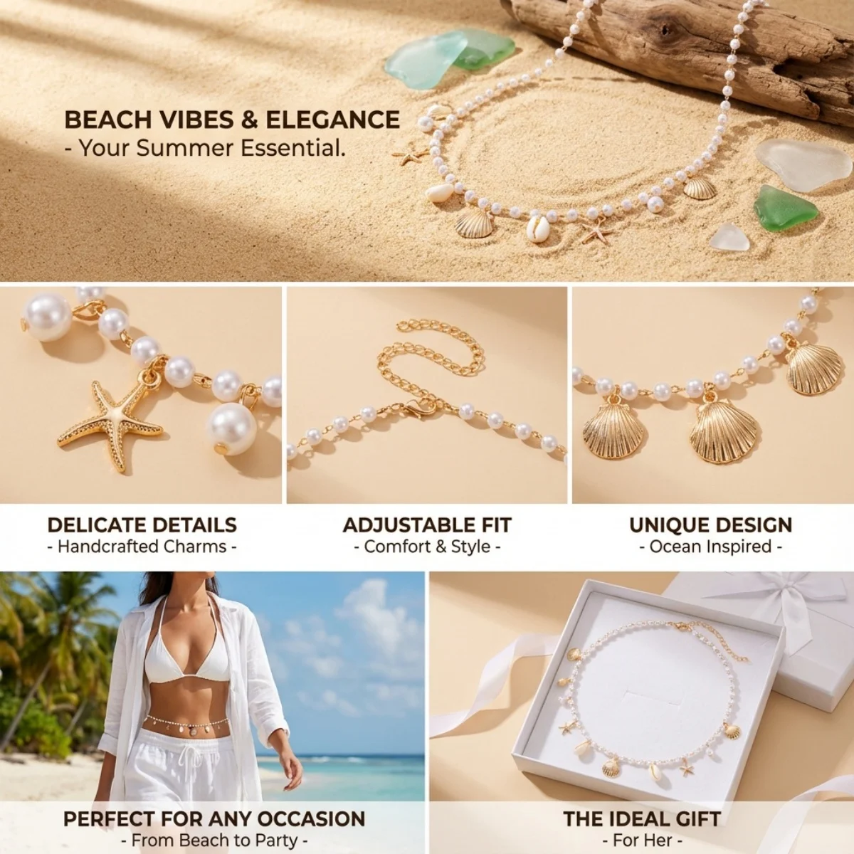 Metal Starfish Shell Imitation Pearl Waist Chain For Women Men Beach Fashion Summer Vacation Sea Star Belly Chain Body Jewelry thumbnail 4