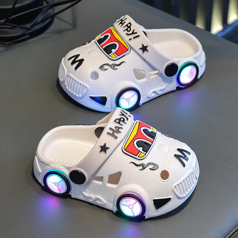 Children's Slippers 2026 Summer New Boys' Car Shaped Wheels Will Light Up Anti Slip Soft Bottom Baby Beach Slippers