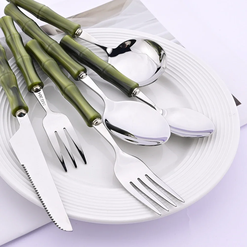 1Pc Imitation Green Bamboo Handle Cutlery Set 304 Stainless Steel Dinnerware Knife Fork Spoon Flatware Kitchen Tableware Set