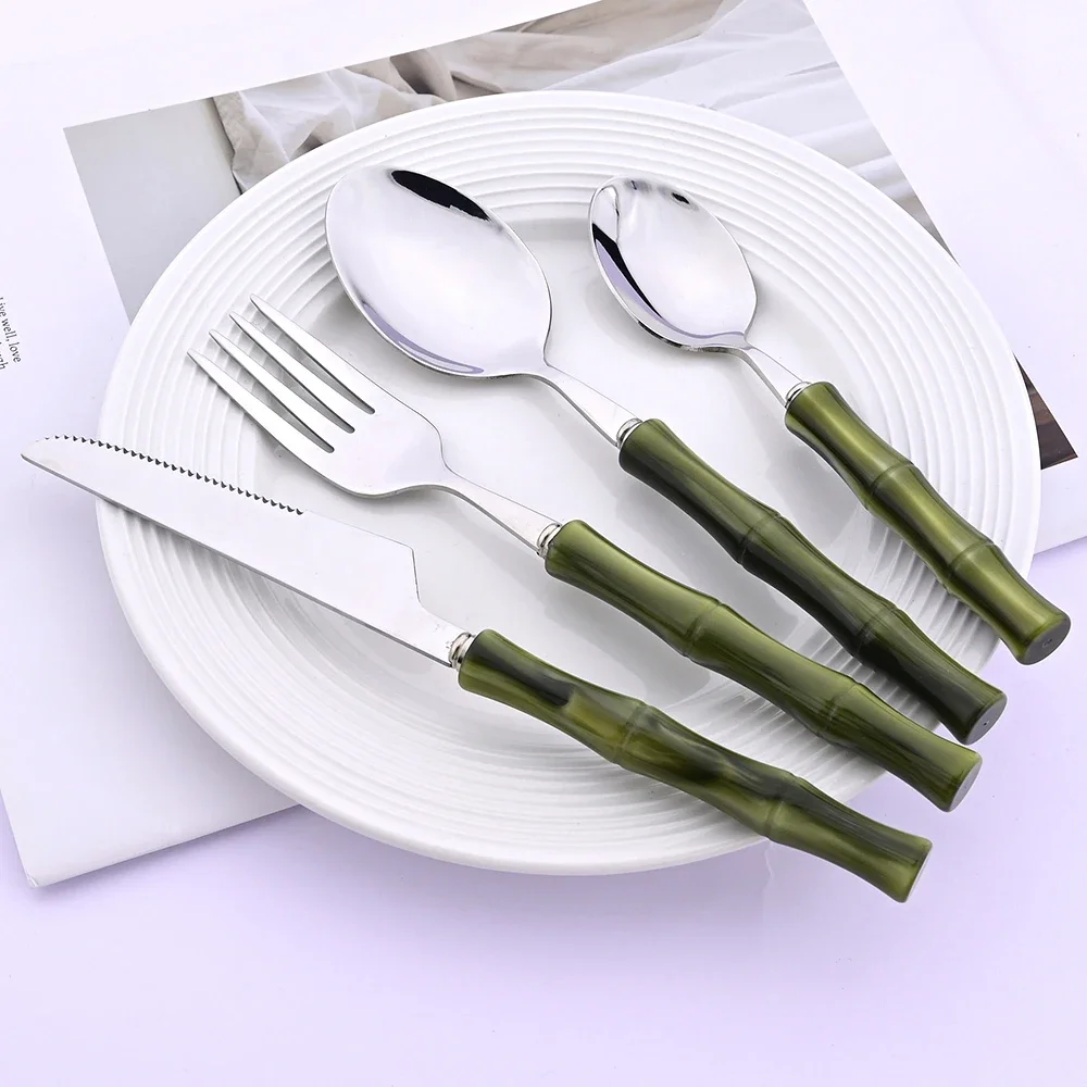 1Pc Imitation Green Bamboo Handle Cutlery Set 304 Stainless Steel Dinnerware Knife Fork Spoon Flatware Kitchen Tableware Set thumbnail 2