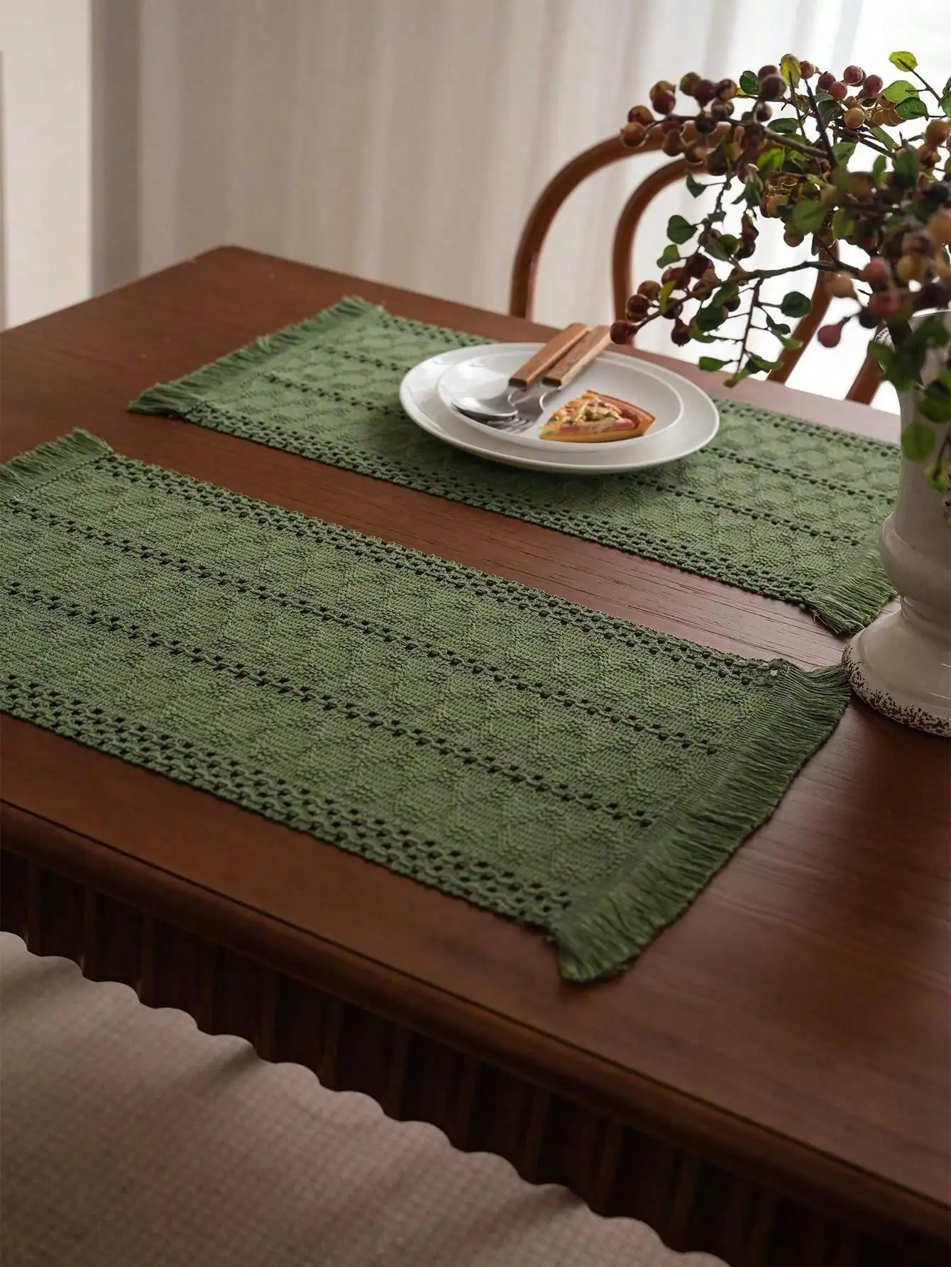 American Country Style Green Woven Placemat, Kitchen Dining Table Mat, Home Party Decor Rectangular Tablecloth thumbnail 5