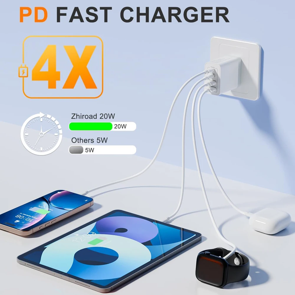 EU/UK/US/AU Plug Multi-Port USB-C/USB-A Wall Charger with Type C Cable, 40W Dual PD Fast Charging Block Mobile Phone Adapter thumbnail 5