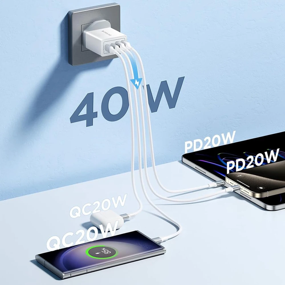 EU/UK/US/AU Plug Multi-Port USB-C/USB-A Wall Charger with Type C Cable, 40W Dual PD Fast Charging Block Mobile Phone Adapter thumbnail 2