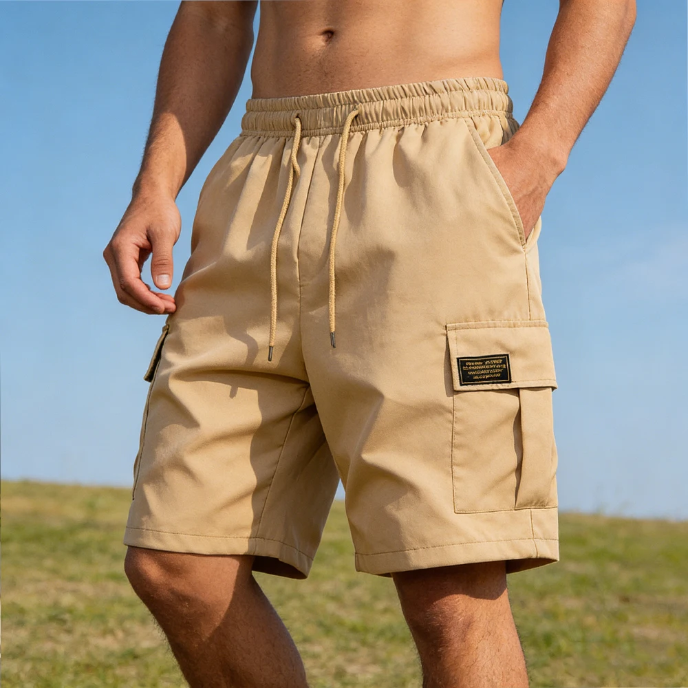 Summer Men's Solid Color Drawstring Cargo Shorts with Flap Pockets Casual Relaxed Athletic Fitness Training Multi-Pocket Bottoms thumbnail 5