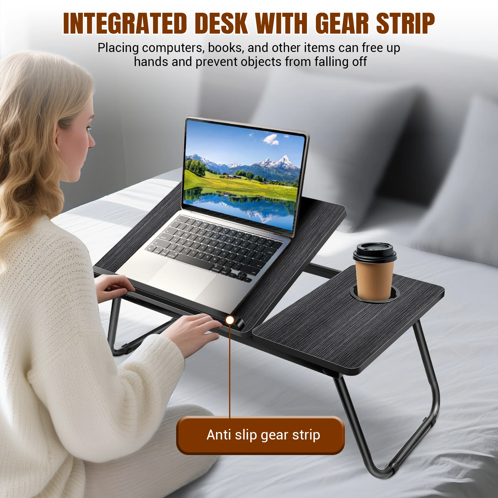 Laptop Desk, Laptop Bed Table with Foldable Legs & Cup Slot, Reading Holder Notebook Stand Breakfast Bed Tray Book Holder thumbnail 4