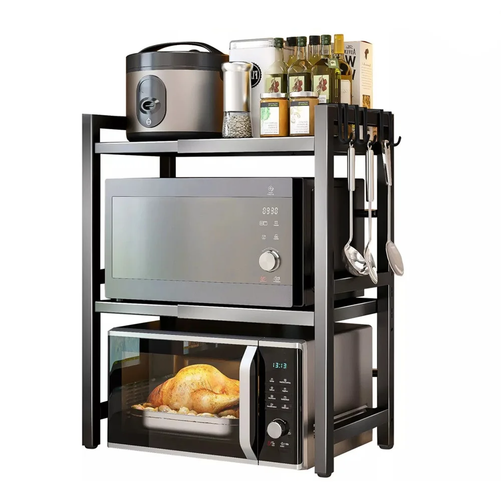 BonChoice 2/3-Tier Expandable Microwave Oven Rack Countertop for Kitchen, Microwave Shelf Stand Metal with 6 Hooks Black White thumbnail 2