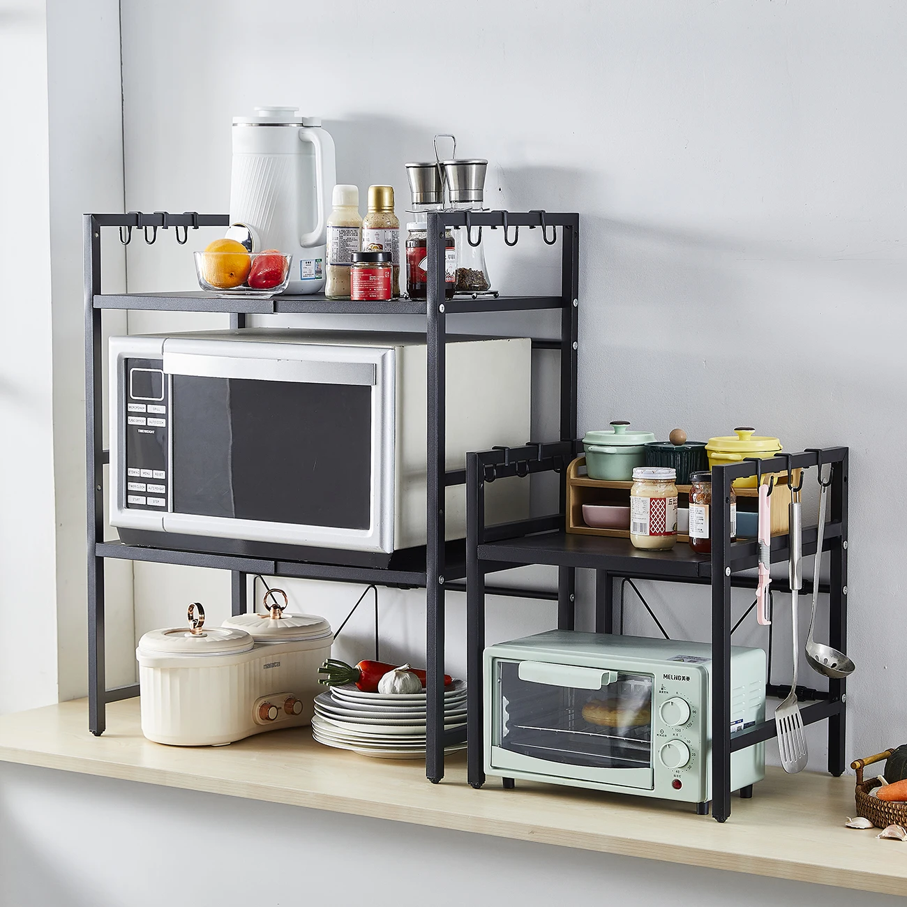 BonChoice 2/3-Tier Expandable Microwave Oven Rack Countertop for Kitchen, Microwave Shelf Stand Metal with 6 Hooks Black White thumbnail 3