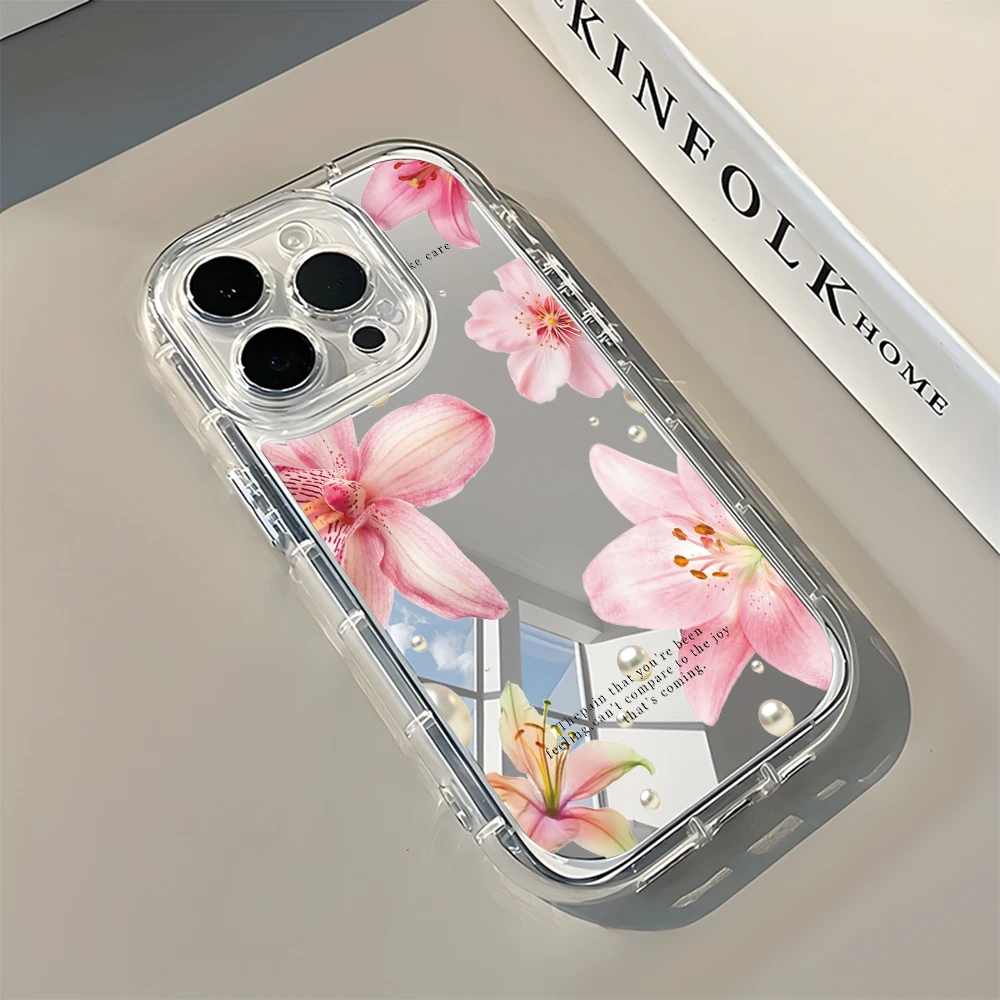 Elegant Pink Lily Flower Pattern Mirror Soft Phone Case For iPhone 17 16 15 14 13 12 11 Pro Max Air X XR XS 7 8 Plus Back Cover thumbnail 2