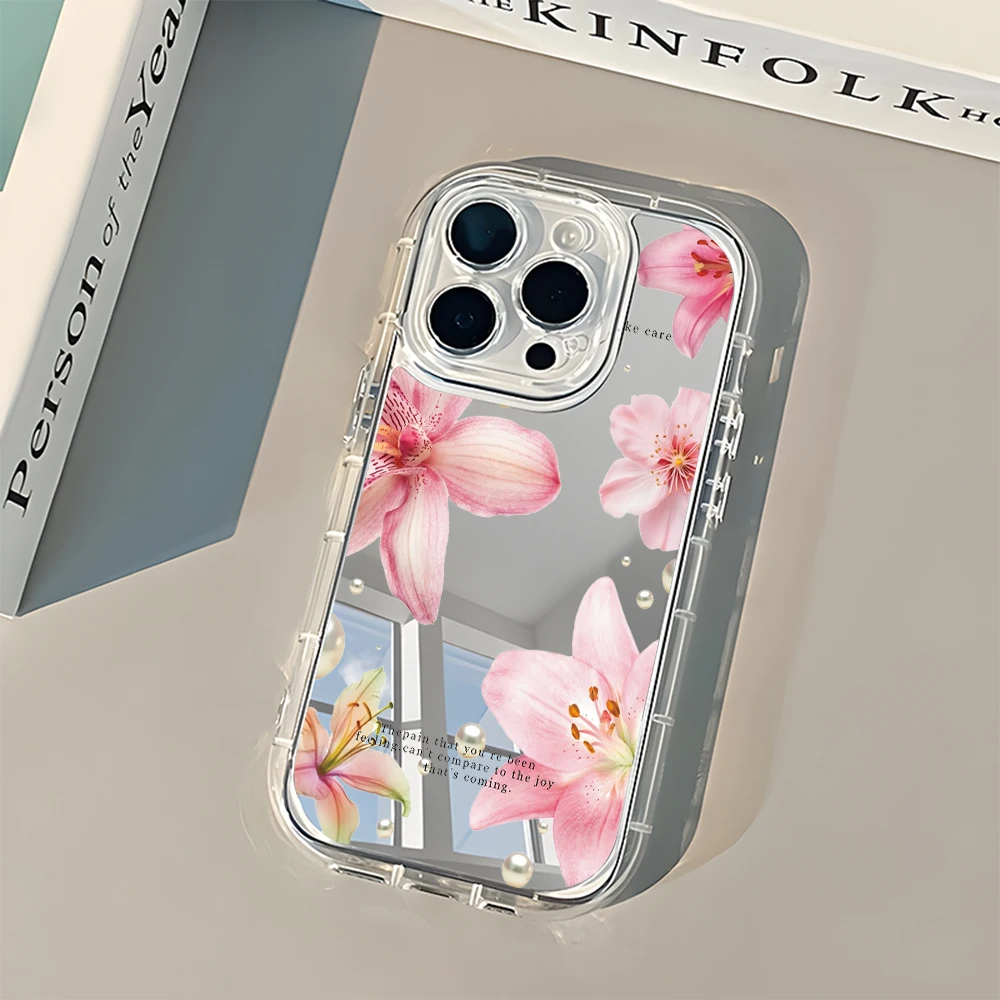Elegant Pink Lily Flower Pattern Mirror Soft Phone Case For iPhone 17 16 15 14 13 12 11 Pro Max Air X XR XS 7 8 Plus Back Cover