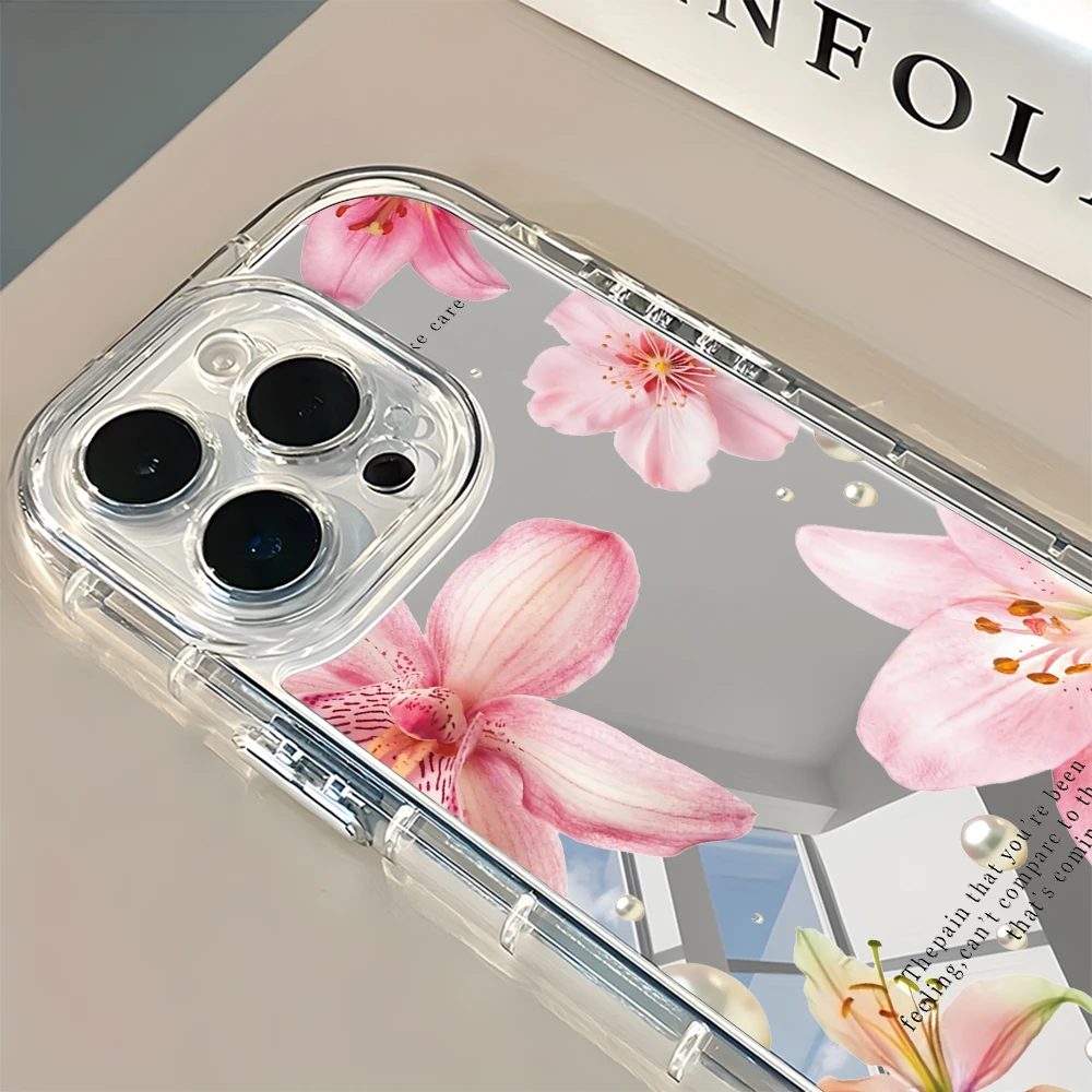 Elegant Pink Lily Flower Pattern Mirror Soft Phone Case For iPhone 17 16 15 14 13 12 11 Pro Max Air X XR XS 7 8 Plus Back Cover thumbnail 4