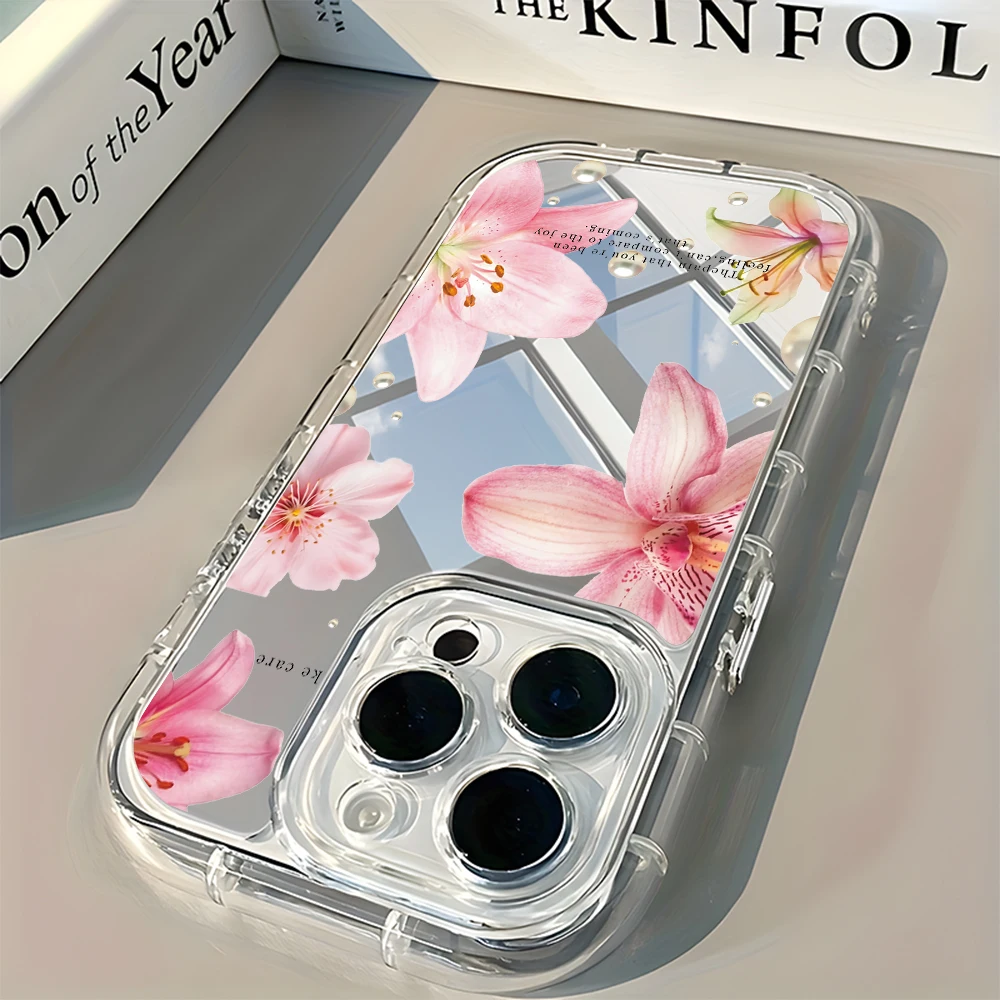 Elegant Pink Lily Flower Pattern Mirror Soft Phone Case For iPhone 17 16 15 14 13 12 11 Pro Max Air X XR XS 7 8 Plus Back Cover thumbnail 3