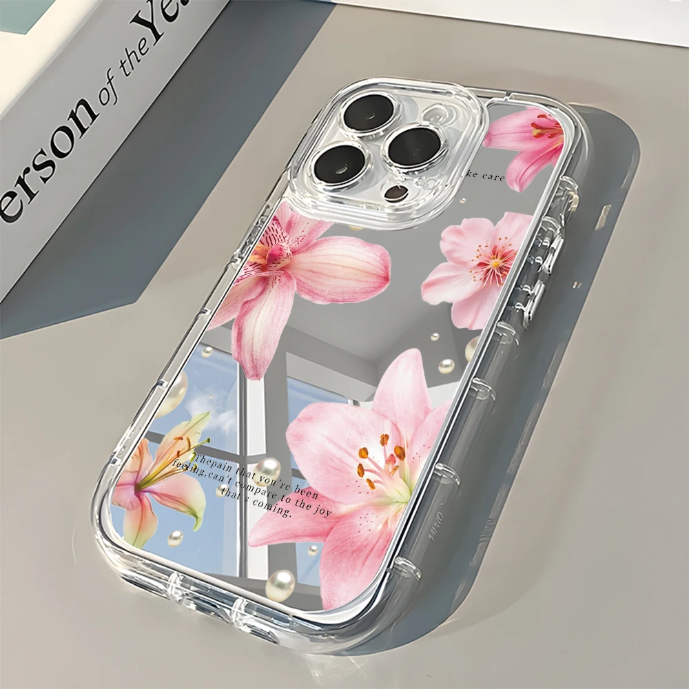 Elegant Pink Lily Flower Pattern Mirror Soft Phone Case For iPhone 17 16 15 14 13 12 11 Pro Max Air X XR XS 7 8 Plus Back Cover thumbnail 5
