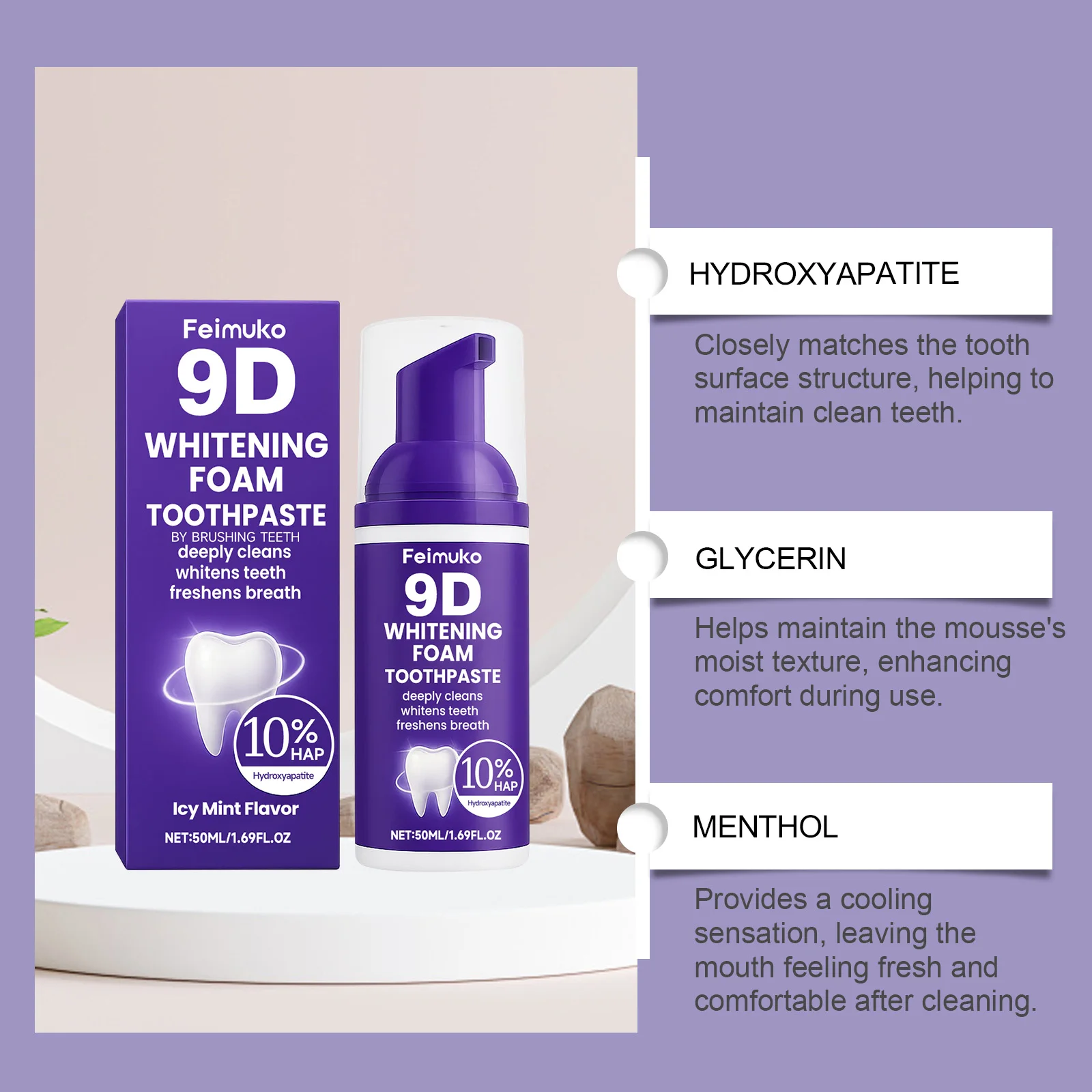 9D Purple Tooth Mousse WHITENING FOAM TOOTHPASTE 10% Hydroxyapatite Fresh Breath Travel Teeth Whitening Stain Removal Oral Care thumbnail 5