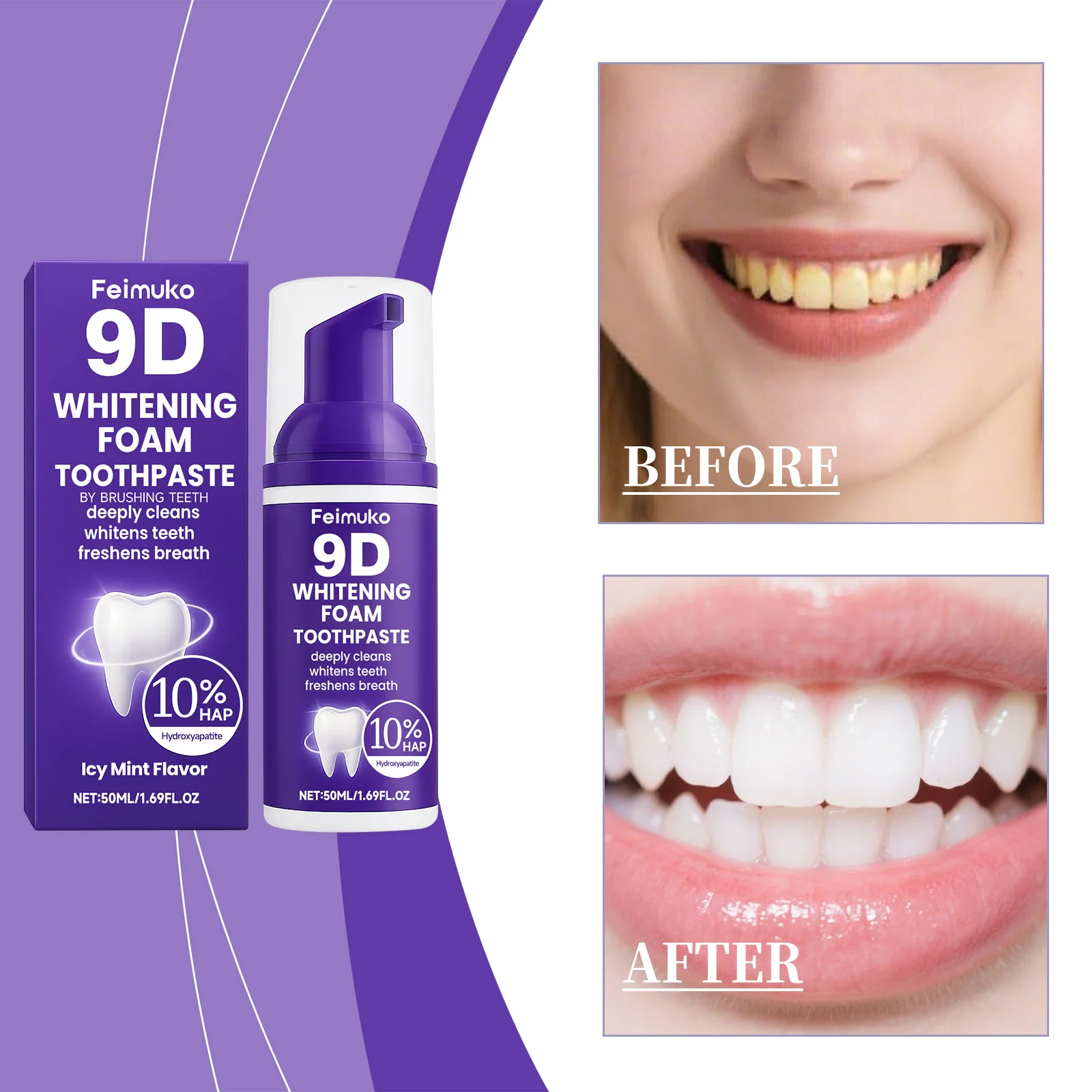 9D Purple Tooth Mousse WHITENING FOAM TOOTHPASTE 10% Hydroxyapatite Fresh Breath Travel Teeth Whitening Stain Removal Oral Care thumbnail 2