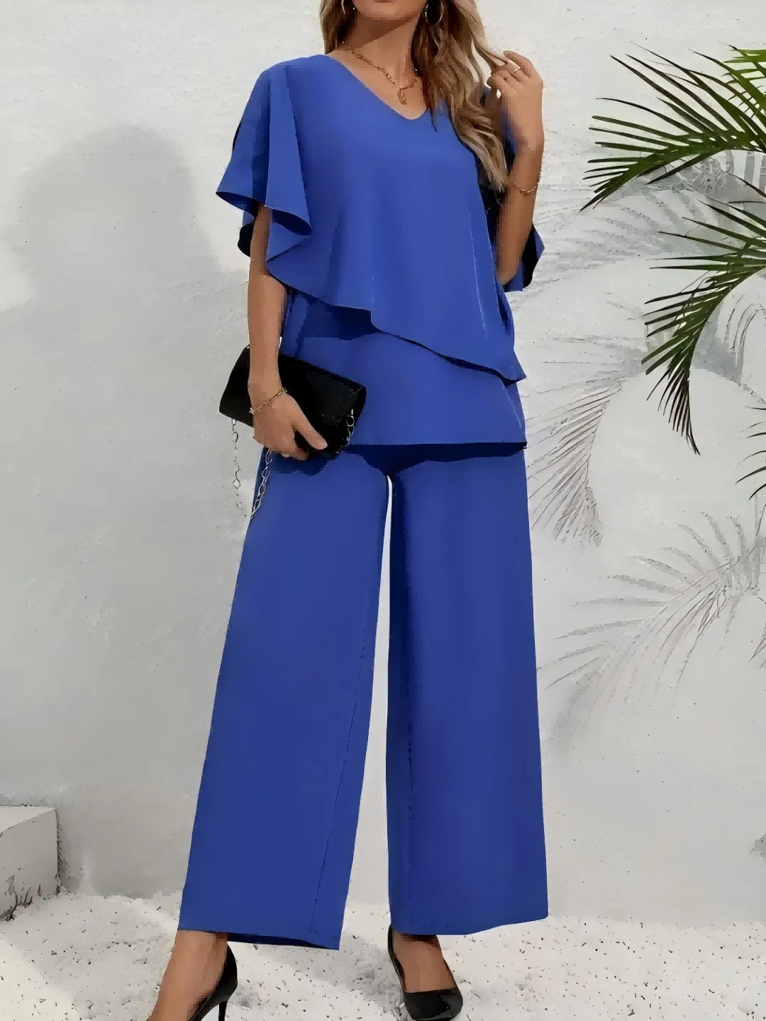 Plus Size Women's Multi-Color Ruffle Sleeve V-Neck Top + Wide Leg Pants 2-Piece Set - Elegant Casual Party Style (0XL-4XL) thumbnail 6