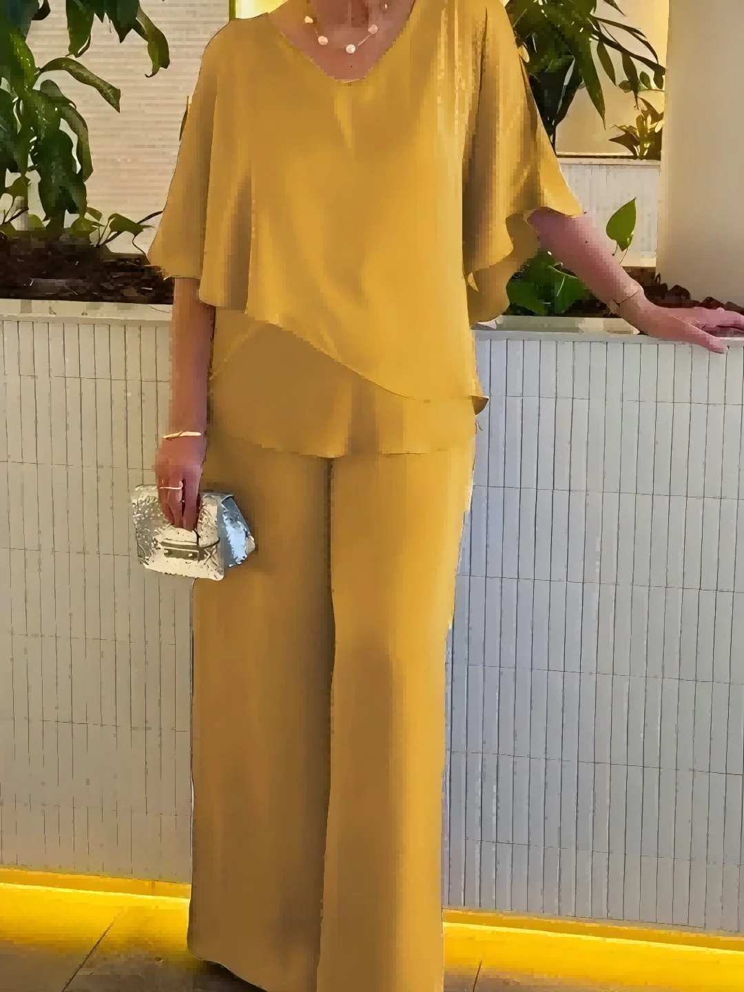 Plus Size Women's Multi-Color Ruffle Sleeve V-Neck Top + Wide Leg Pants 2-Piece Set - Elegant Casual Party Style (0XL-4XL) thumbnail 3