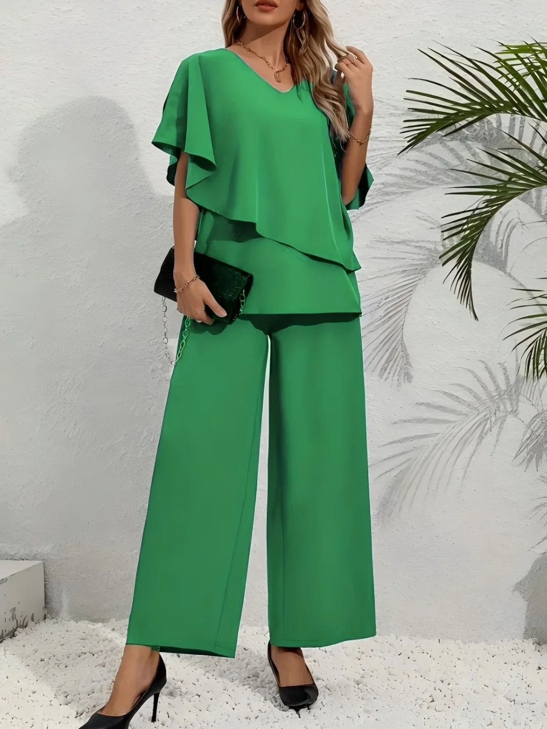 Plus Size Women's Multi-Color Ruffle Sleeve V-Neck Top + Wide Leg Pants 2-Piece Set - Elegant Casual Party Style (0XL-4XL) thumbnail 5