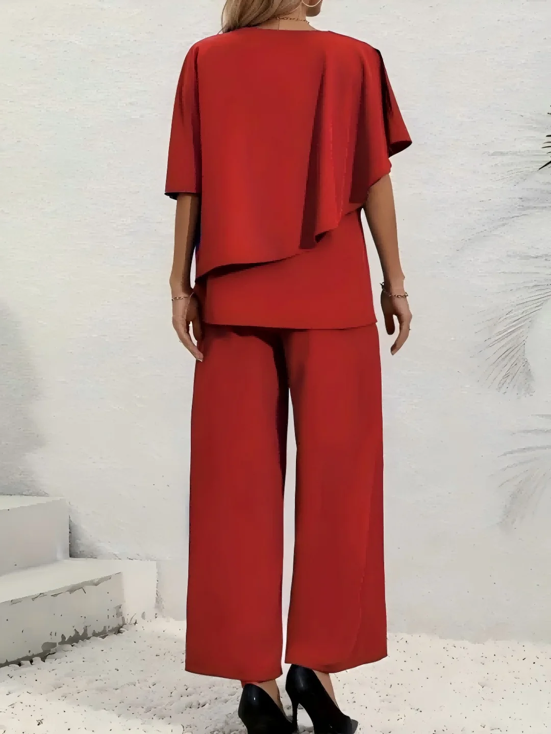 Plus Size Women's Multi-Color Ruffle Sleeve V-Neck Top + Wide Leg Pants 2-Piece Set - Elegant Casual Party Style (0XL-4XL) thumbnail 2