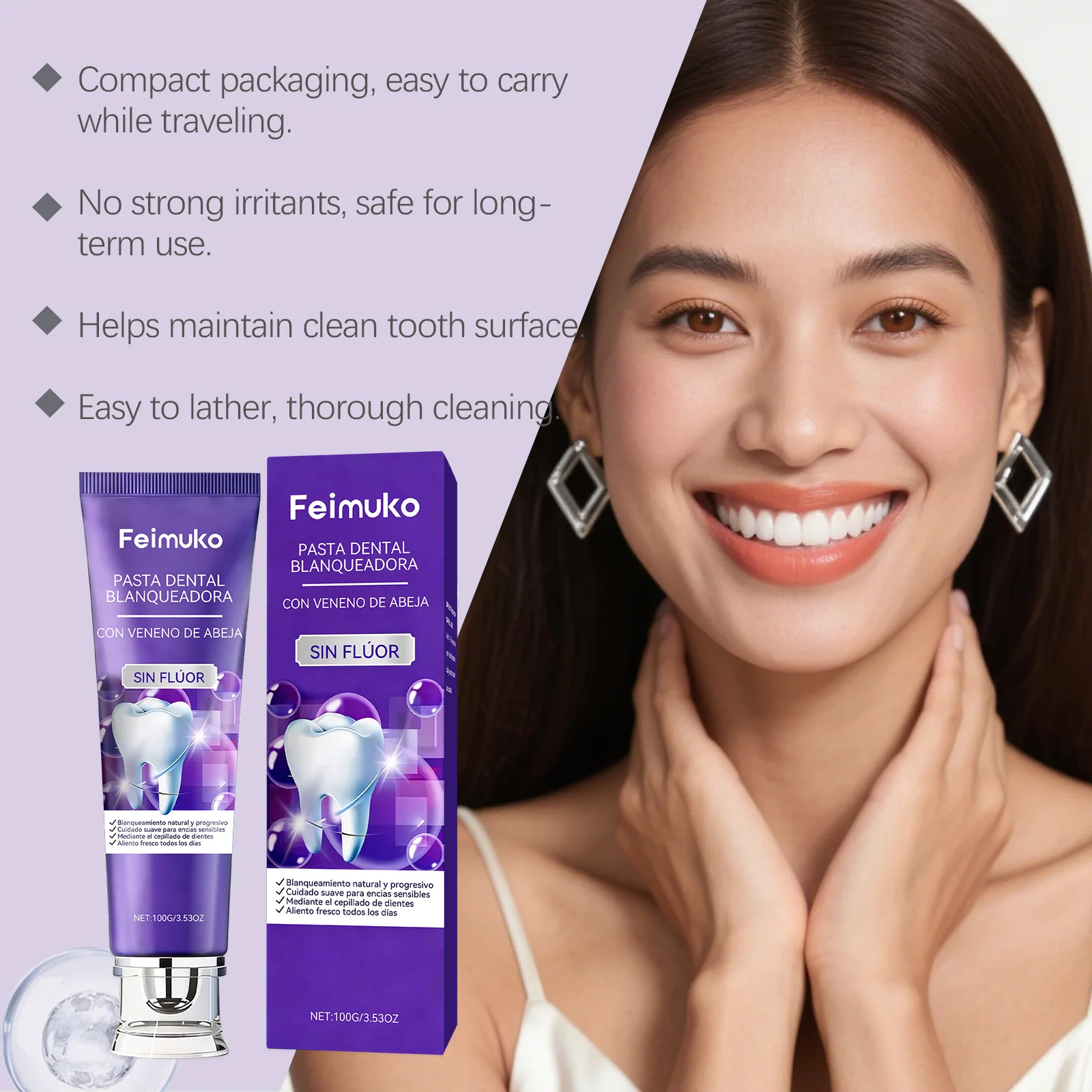 Bee Venom Purple Toothpaste Hydroxyapatite Yellow Teeth Whitening Oral Care Fresh Breath Gum Comfort Stain Removal Formula thumbnail 6