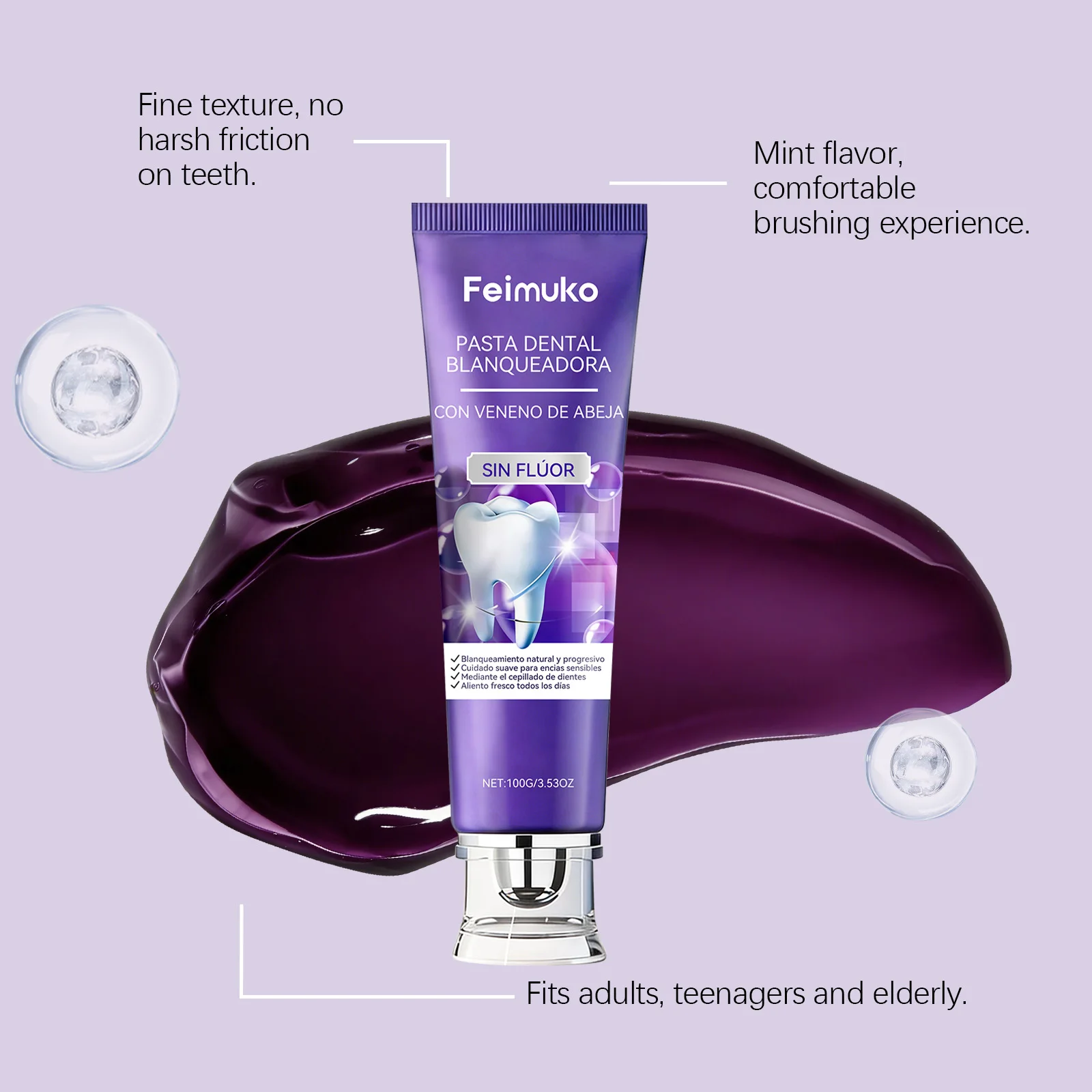 Bee Venom Purple Toothpaste Hydroxyapatite Yellow Teeth Whitening Oral Care Fresh Breath Gum Comfort Stain Removal Formula thumbnail 3