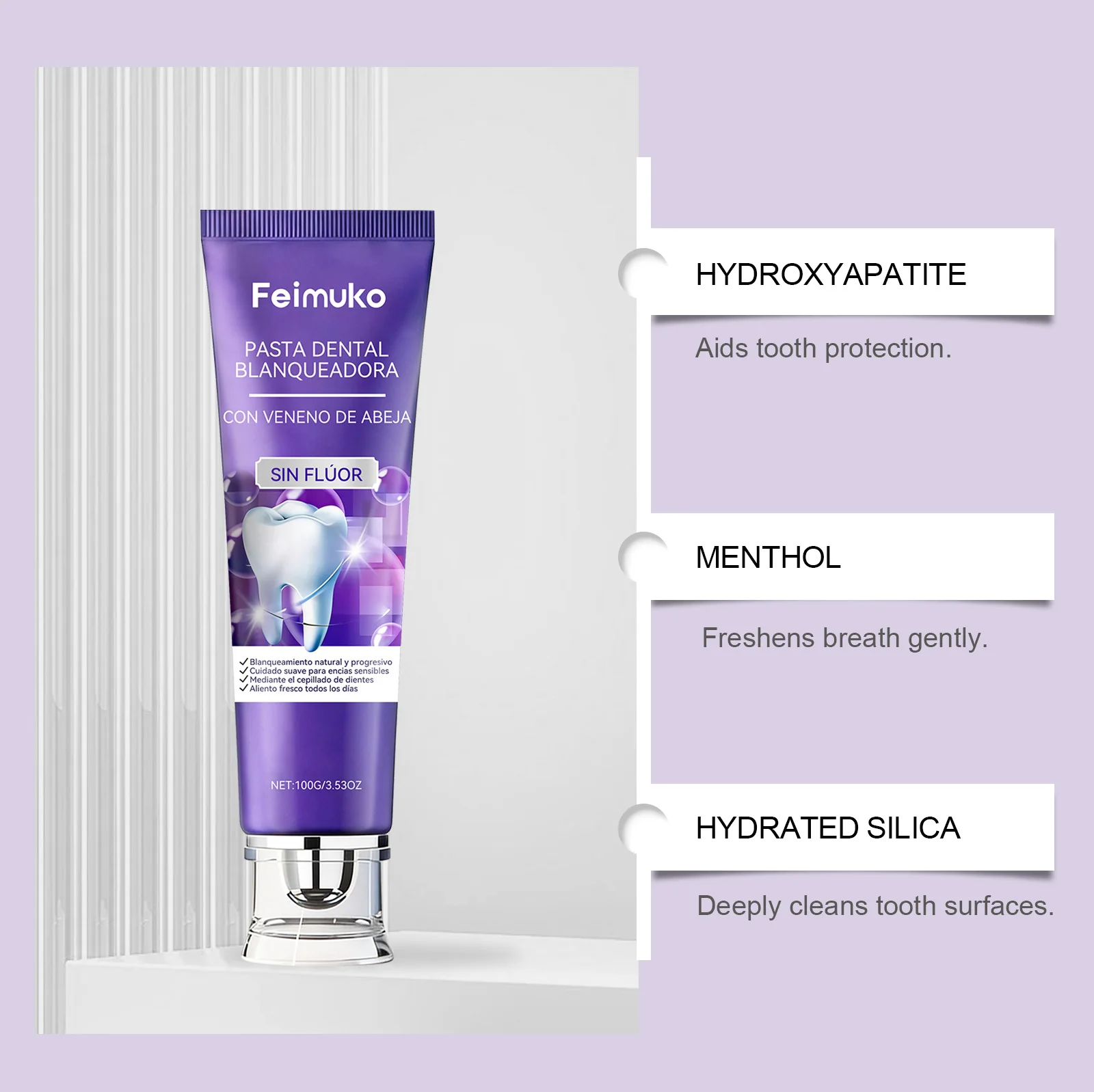 Bee Venom Purple Toothpaste Hydroxyapatite Yellow Teeth Whitening Oral Care Fresh Breath Gum Comfort Stain Removal Formula thumbnail 5