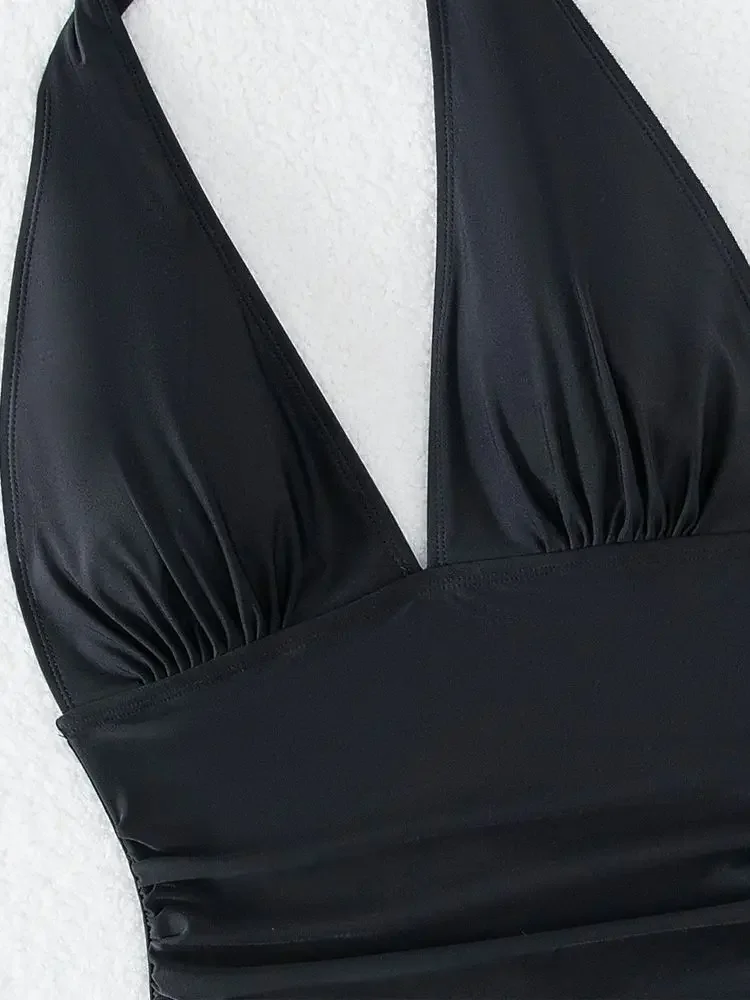 Vigorashely 2026 Sexy Solid Halter Tied Swimwear Women V Neck Push UP High Cut Swimsuit One Piece Backless Summer Bathing Suit thumbnail 4