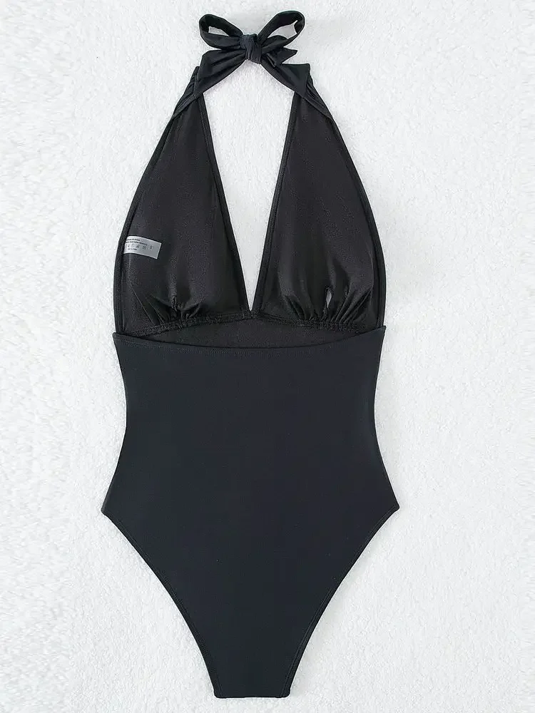 Vigorashely 2026 Sexy Solid Halter Tied Swimwear Women V Neck Push UP High Cut Swimsuit One Piece Backless Summer Bathing Suit thumbnail 6