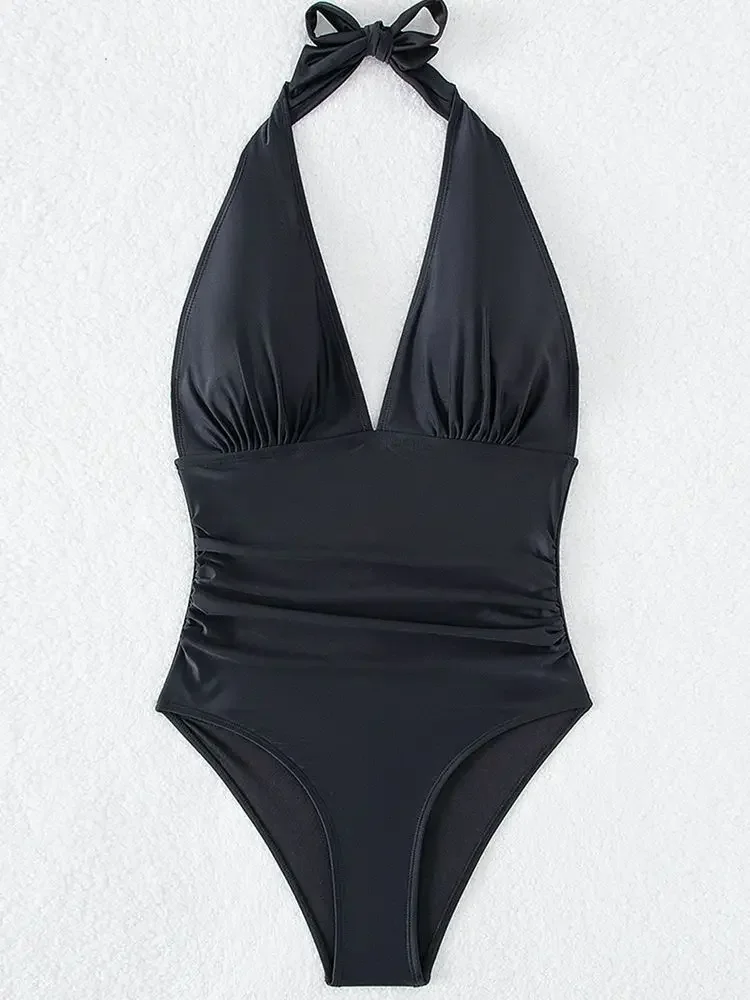 Vigorashely 2026 Sexy Solid Halter Tied Swimwear Women V Neck Push UP High Cut Swimsuit One Piece Backless Summer Bathing Suit thumbnail 5