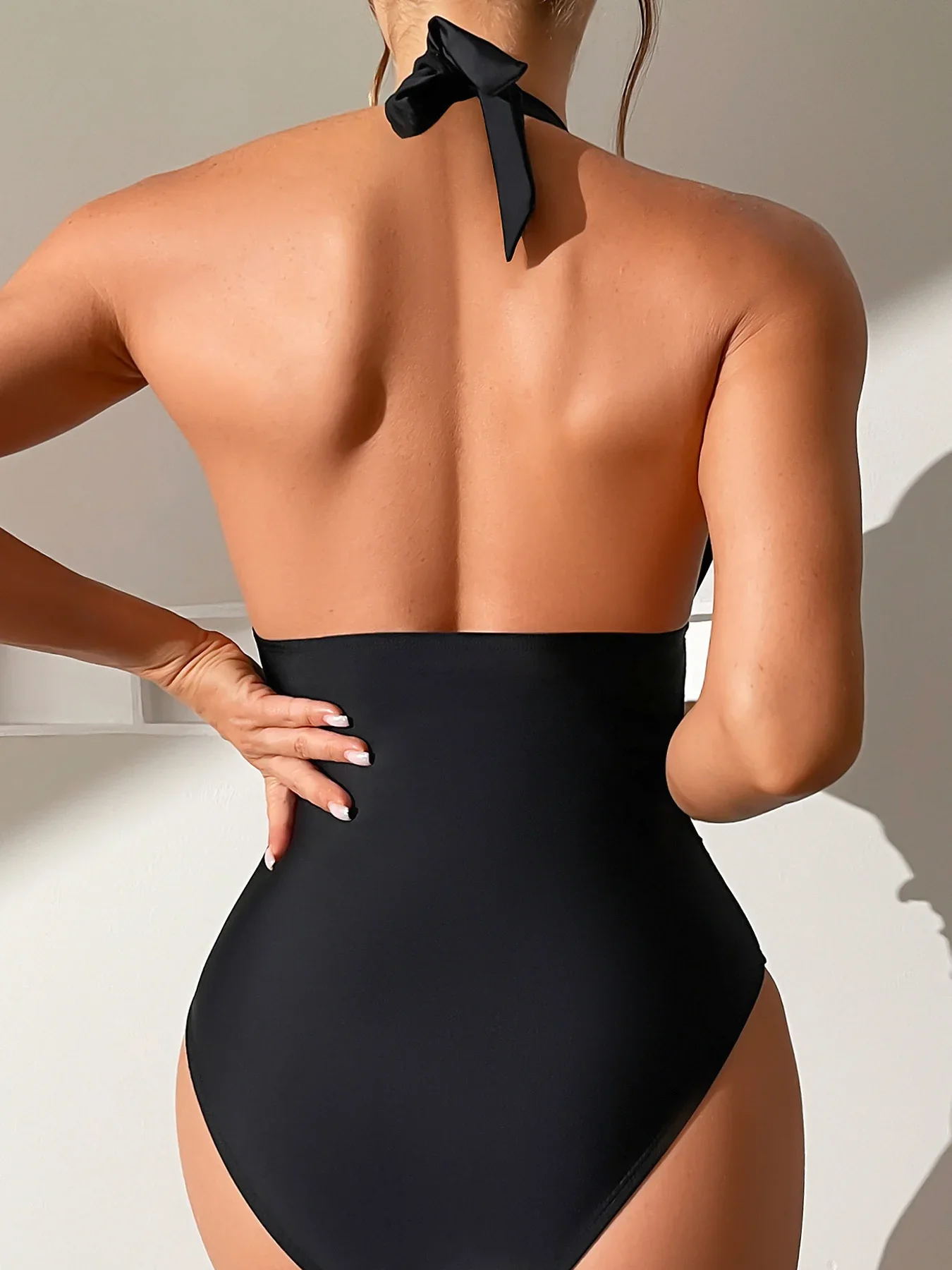 Vigorashely 2026 Sexy Solid Halter Tied Swimwear Women V Neck Push UP High Cut Swimsuit One Piece Backless Summer Bathing Suit thumbnail 3
