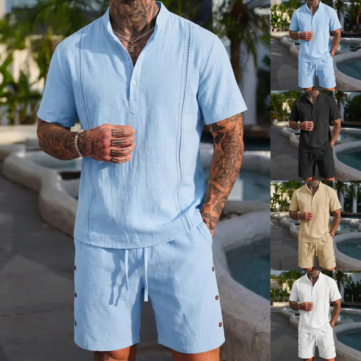Summer best-selling men's cotton and linen fashionable casual personalized breathable short-sleeved short pants set