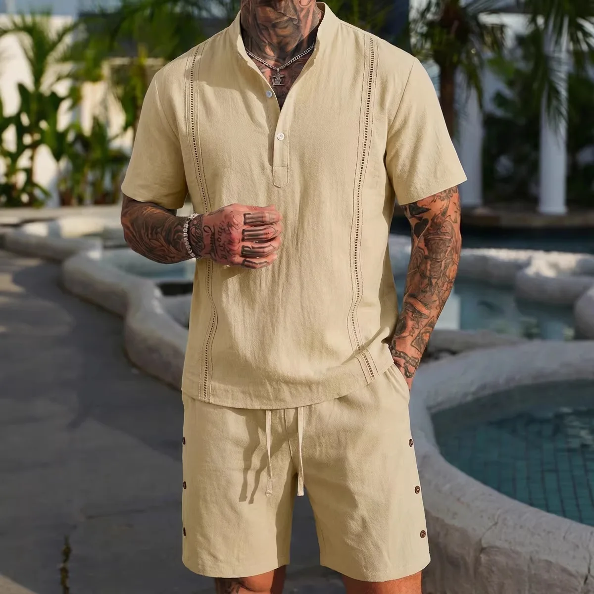 Summer best-selling men's cotton and linen fashionable casual personalized breathable short-sleeved short pants set thumbnail 4