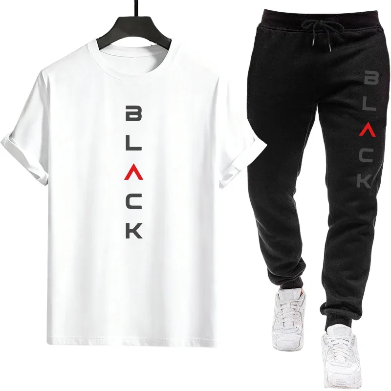 Black Letter Print Mens Tracksuit T-shirt + Pants Urban Causal Sports Outfit Male Spring Summer Home Outdoor Comfort Tees Set thumbnail 2