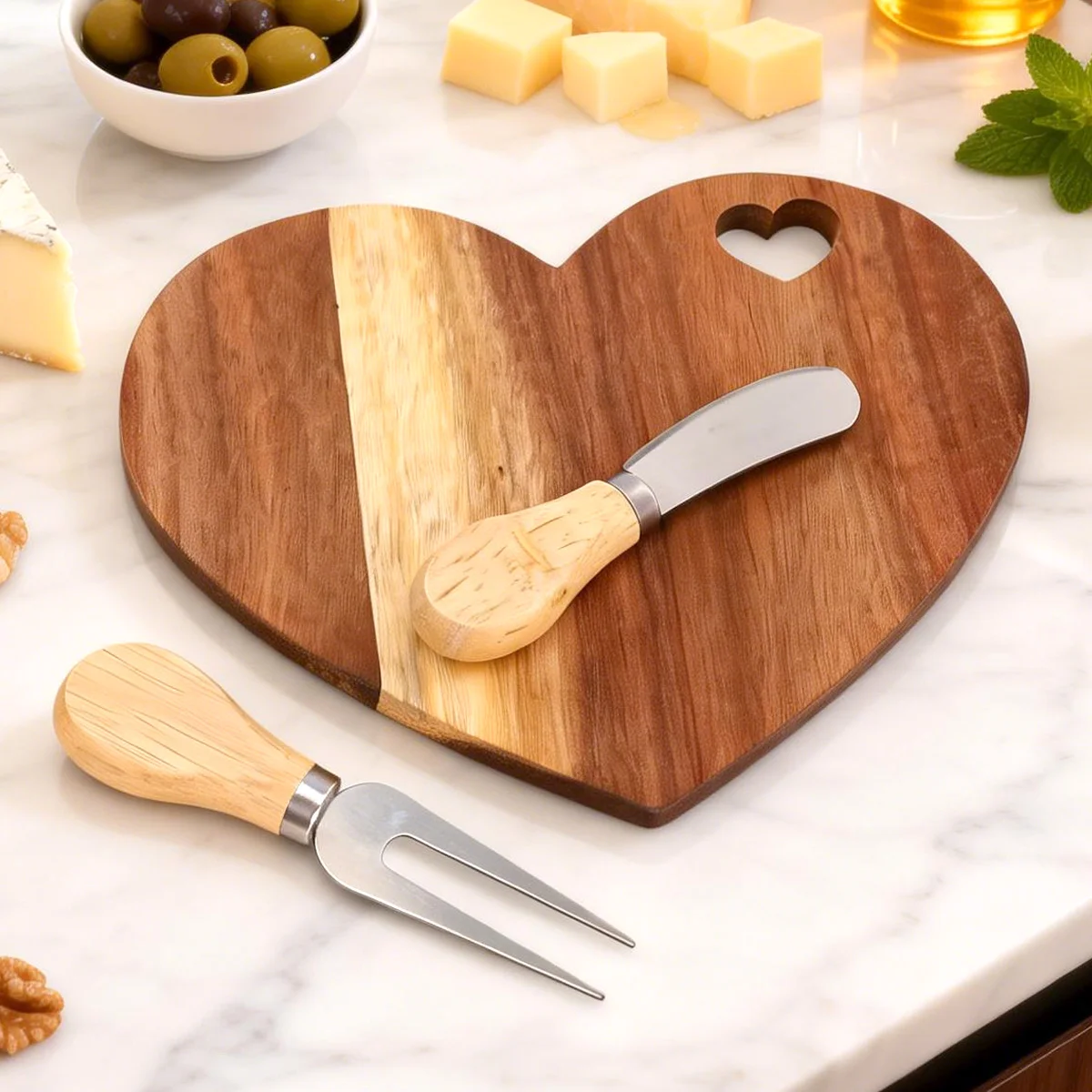 Favor Heart Cheese Board Set, Mini Charcuterie Board with Cheese Knives&Fork, for Guest, Bridal, Wedding Birthday, Valentines