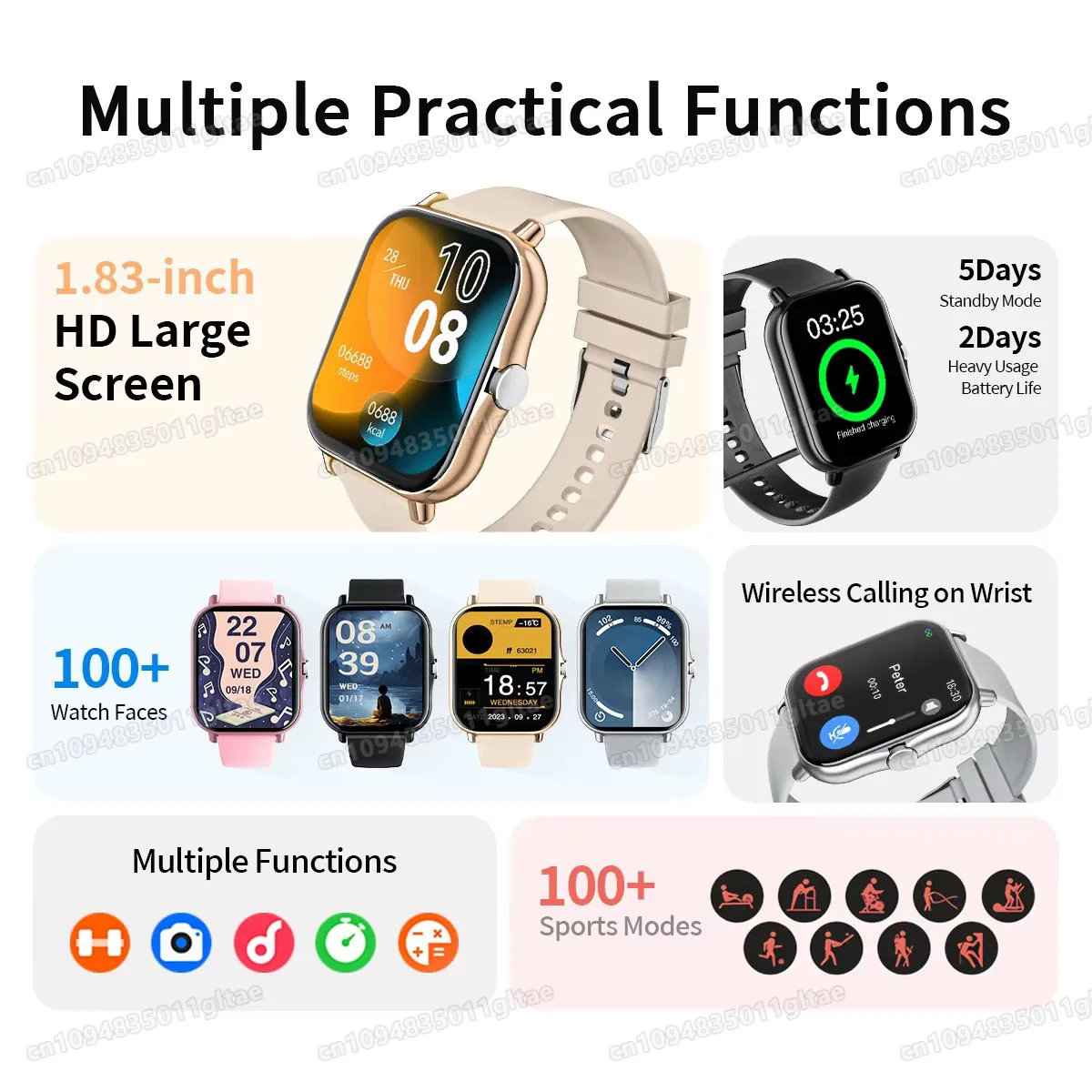 New Smartwatch BT Call Health&Sleep Monitoring 1.80''HD Screen Kids Smart Watch Waterproof Fashoin Sports Bracelet For Women Men thumbnail 3