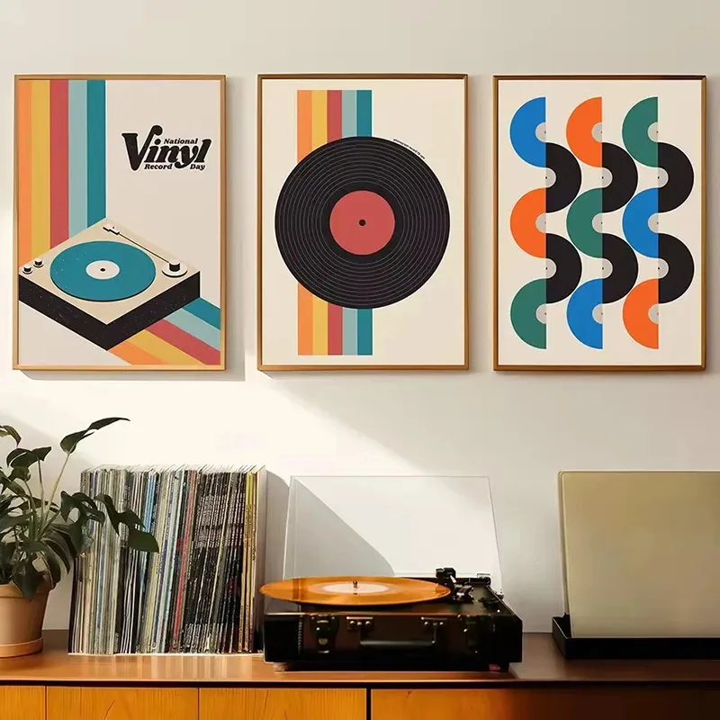 Retro Vinyl Record Print Mid Century Music Minimal Pastel Poster Colorful Wall Art Trendy Minimalist Turntable Home Room Decor thumbnail 2