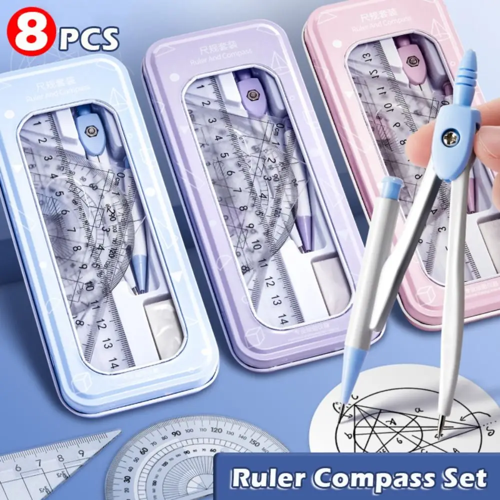 8PCS/Set Plastic Ruler Compasses Set Eraser Transparent Measuring Ruler Set Square Straight Ruler Drawing Tool School Office