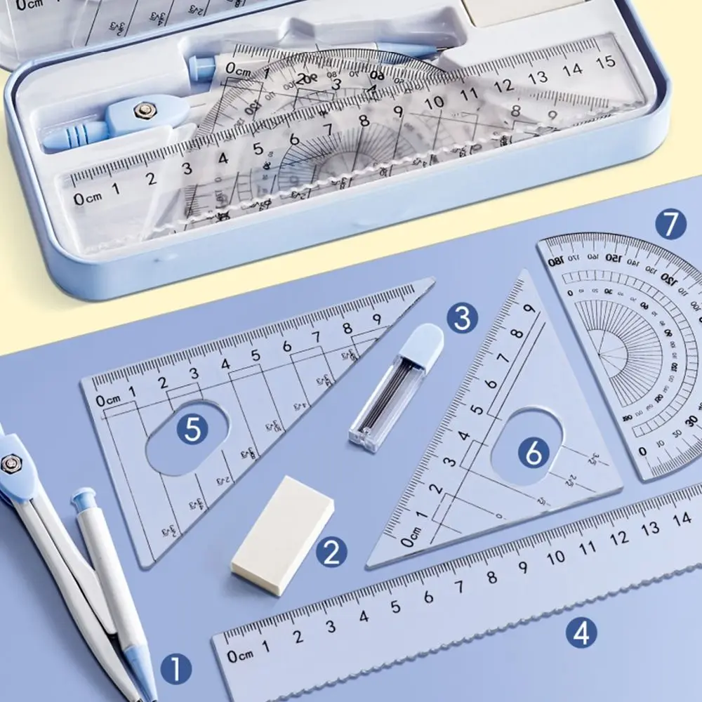 8PCS/Set Plastic Ruler Compasses Set Eraser Transparent Measuring Ruler Set Square Straight Ruler Drawing Tool School Office thumbnail 3