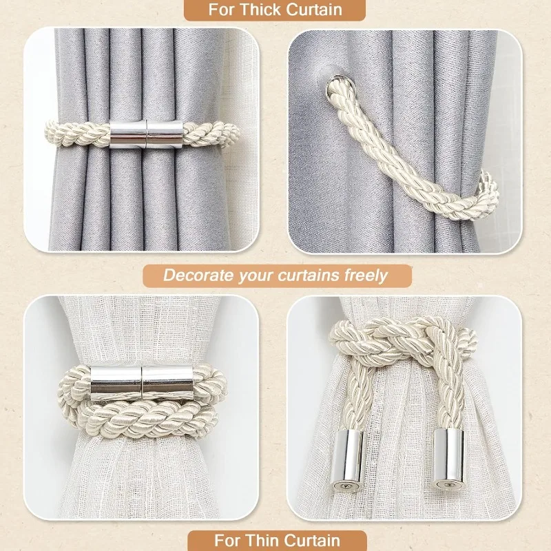 2pcs Magnetic Curtain Tiebacks Modern Simple Style Drape Tie Backs Decorative Weave Rope Curtain for Home & Office Window thumbnail 6